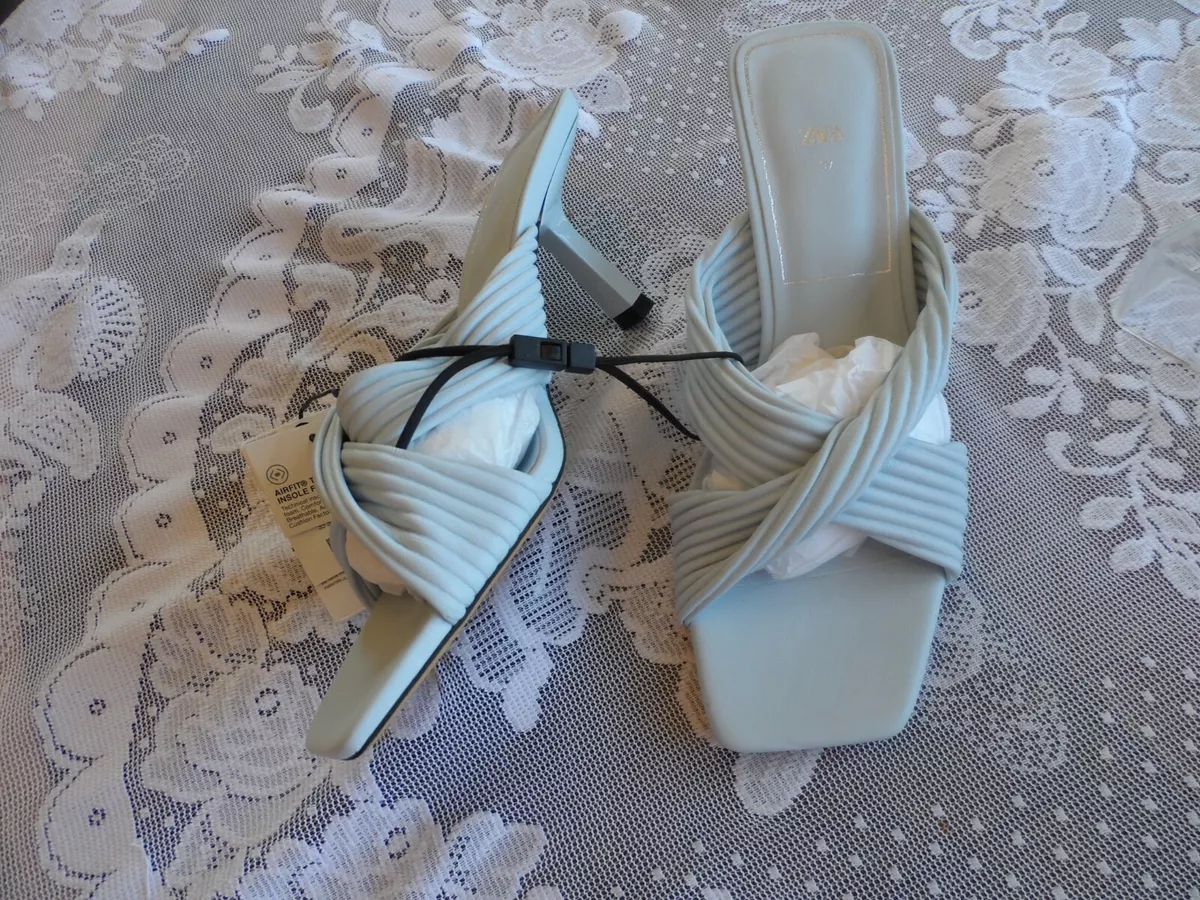 New Zara Baby Blue Twisted Pleated Cross Strap Heeled Mules Size 6.5M
