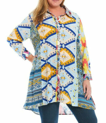 Calessa Plus Southwest Indian Print Button Front Longer Tunic Blue 2X NWT