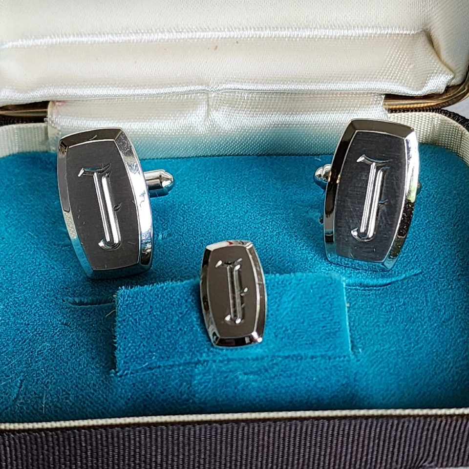 Vintage Hickok Silver Citation Monogram F Bullet Cufflink Tie Pin Set Gift Box - Image 2 of 4