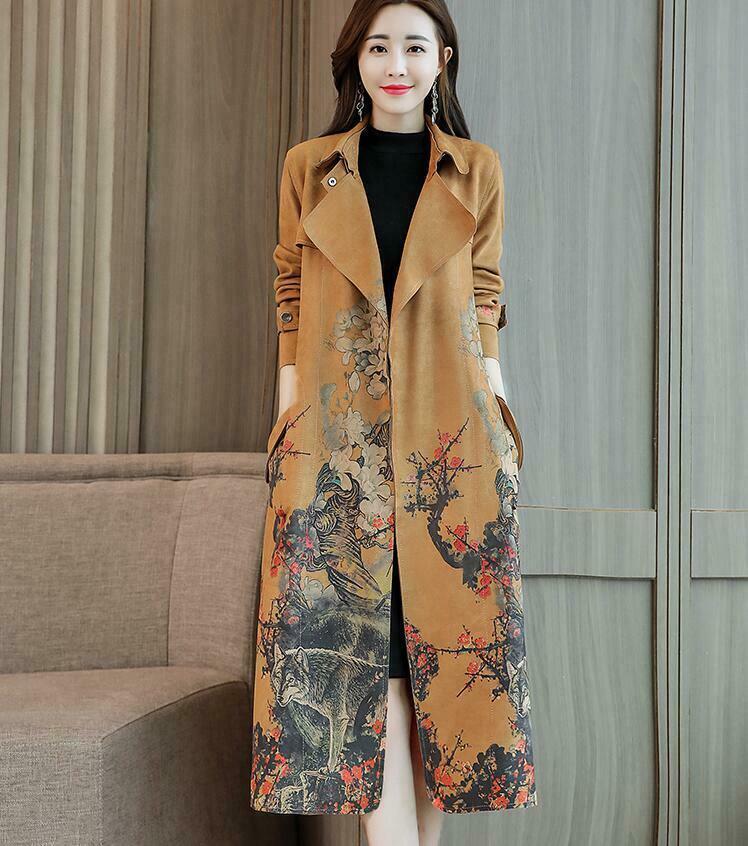 Ethnic Women Floral Printed Faux Suede Trench Coat Long Ethnic Women Floral Printed Faux Suede Trench Coat Long