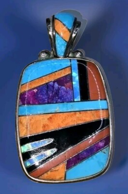 Ed Lohman Inlay 925 Sterling Silber Koralle Lapis Onyx Opal Türkis Anhänger 