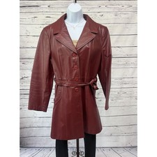 Vintage 70’s Belted Leather Jacket Women’s 17 / 18 Disco Burgundy Red Mid Length