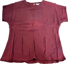 John Meyer Women's Shirt - Short Sleeve Dark Red Blouse w/ Embroidery size Small