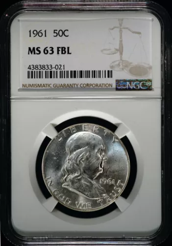 1961 Silver Franklin Half Dollar NGC MS63 FBL,  833