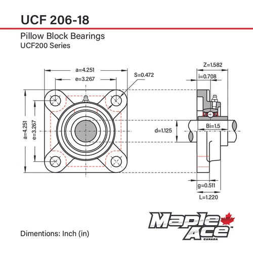 UCF206-18 Flange Bearing 1-1/8" Bore, 4-Bolt Solid Base, 3 Lips Seal (Qty 1) - Picture 3 of 7
