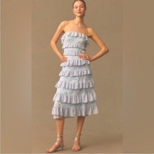BHLDN Dress Cami Midi Strapless Tiered Chiffon Lace Ruffle in Light Blue