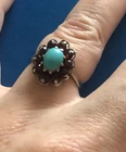 Vintage Sterling Silver Turquoise & Garnet Flower Ring Size N1/2 - O