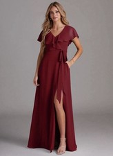 Azazie Women's Burgundy Ruffle V-Neck Maxi Dress Size 4