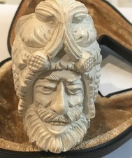 Vintage Large Meerschaum Pipe Bearded Man Dionysus/Bacchus Amber Stem in case 