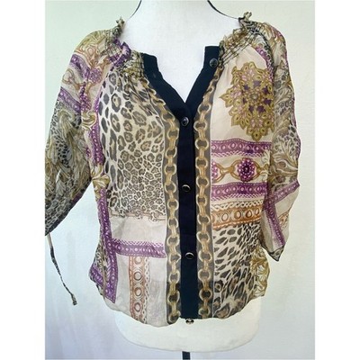 Y2K Caché 100% Silk Tan Leopard & Purple Baroque Print Blouse Size XS