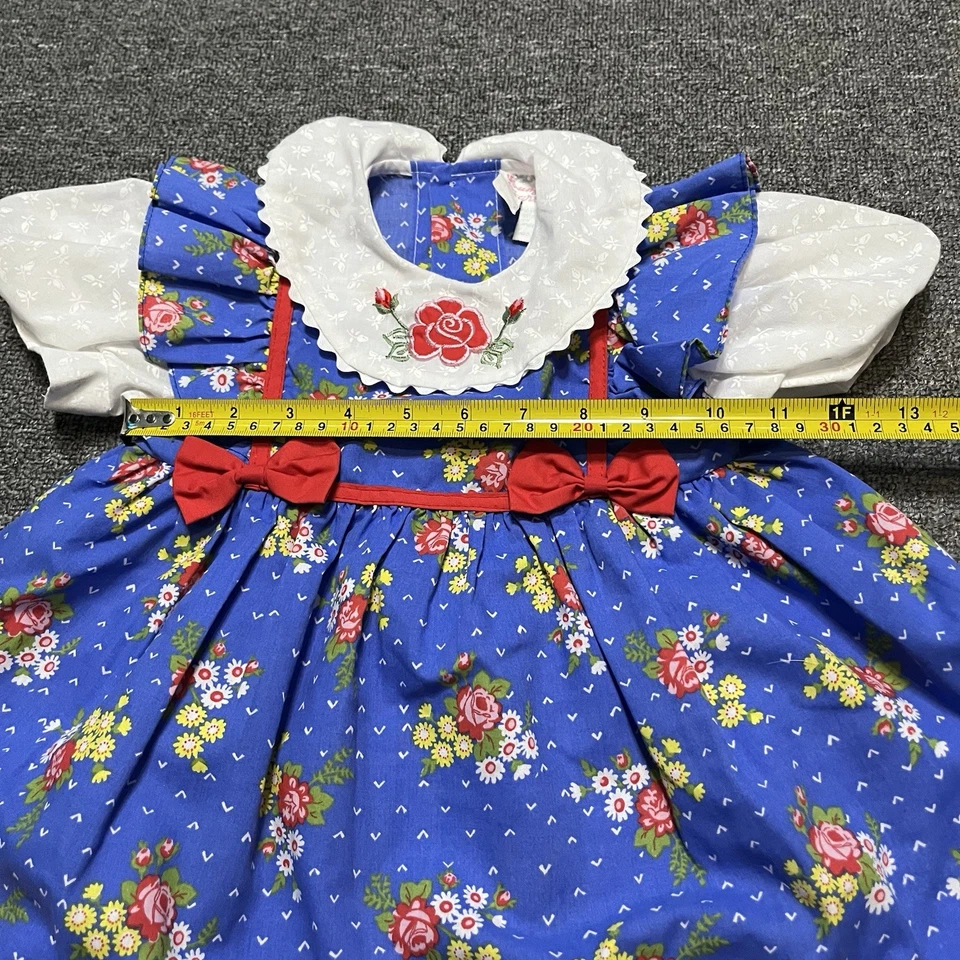 Vestido Floral Vintage Young Hearts Azul con Cuello Blanco y Lazos Talla 2T Foto 4 de 4