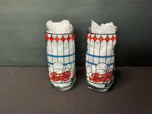 Set of 2 Vintage 6” Pepsi Cola Glasses Tiffany Style-Stained Glass  Rare NICE