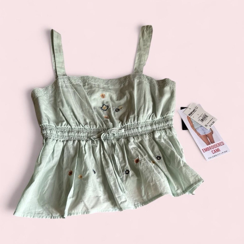 Celebrity Pink Girls Green XL Smocked Embroidered Square Neck Cami Tank Top