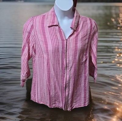 Fashion Bug Essentials Zip Pink Stripe Blouse Cotton Textured 3/4 Slv Plus OX