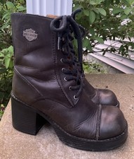 VTG Harley Davidson 84240 Women  s Black Leather Biker Boots Side Zip Lace Up GUC