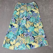 Vintage Talbots Petites Linen Blend Tropical Leaf Print Midi Skirt 8P aqua