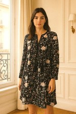 Sézane Black Floral Embroidered Long Sleeve Tunic Dress – Size 34 (US 2 / XS)