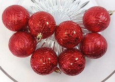 Red Shiny Ornate Textured Ornament Lot Of 8 Plastic Shatter Resistant 2.5"