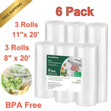 6 Pack Vacuum Sealer Rolls, 3 Rolls 11"x20' + 3 Rolls 8"x20', BPA-Free Food Bags
