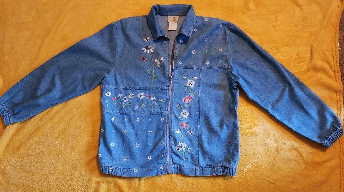 ジャケット・アウター 80s vintage flower denim jeans jacket Vintage Women's Floral Denim Jacket 80s Hari Metal Rocker