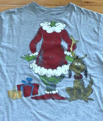 Grinch Dr.Seuss Headless Portrait Presents Dog Men's Gray Graphic T-Shirt Size L