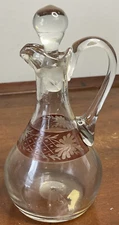 Red & Clear Etched Glassl Decanter Oil/Vinager Cruet Condiment Floral Design