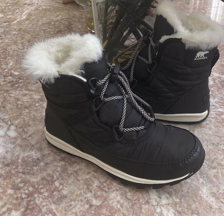 Sorel Kids' Whitney Black Waterproof Shearling Winter Booties Size