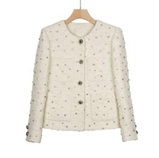 Handmade Tweed Boucle Ivory Jacket With Sparkle Diamond Size L(uk10-12)