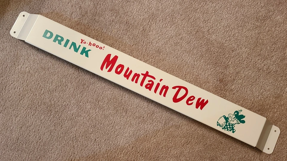 Letrero publicitario antiguo de refrescos bebida Mountain Dew barra empujador puerta 30"" Foto 4 de 4