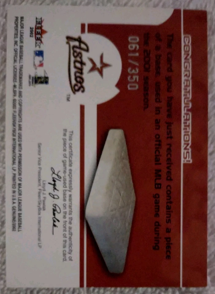 2002 Fleer Genuine Touch 'Em All Game Б/у База /350 Jeff Bagwell HOF - Изображение 3 из 4