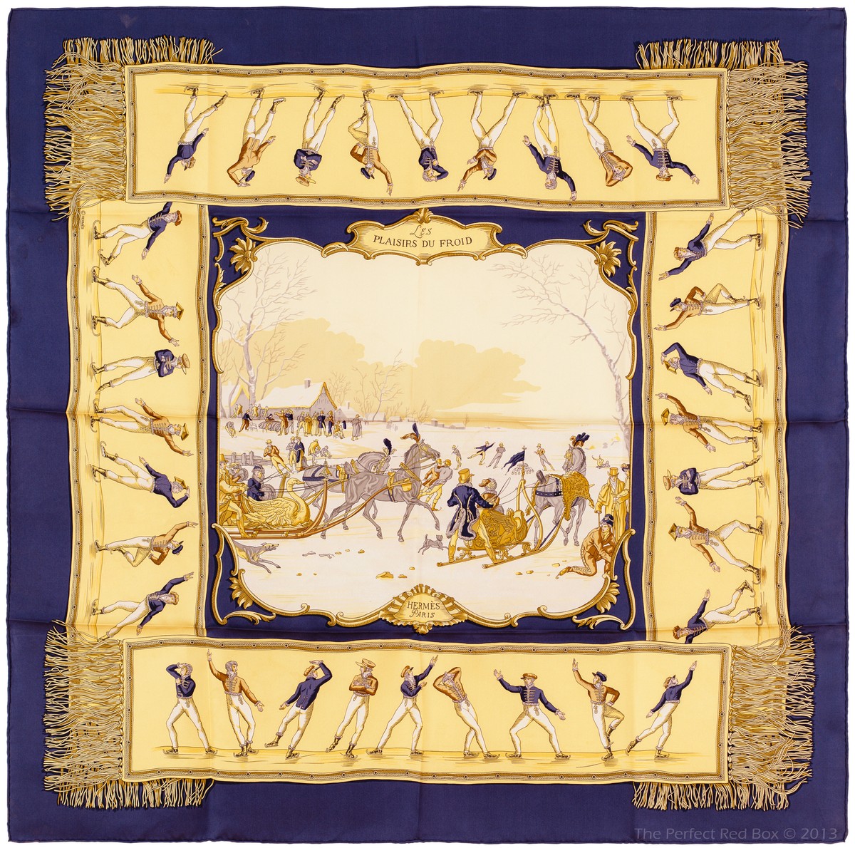 Authentic Hermes Silk Scarf Les Plaisirs Du Froid Blue by Hugo