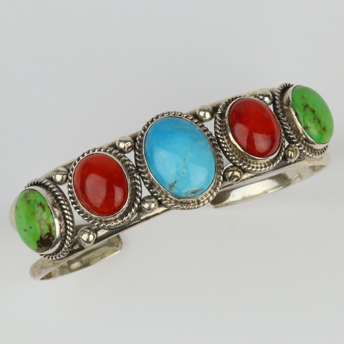 Running Bear Shop Native Sterling Silver, Turquoise, Coral Women's Cuff Bracelet
