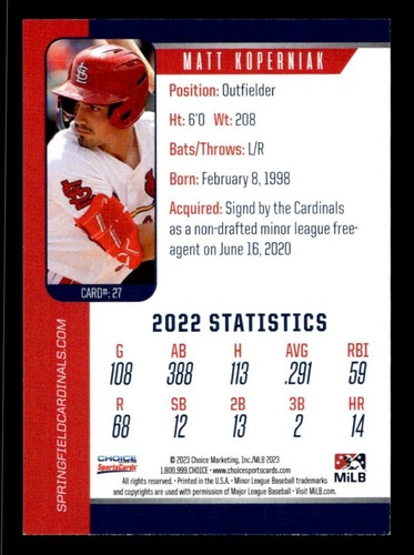 2023 Choice, Springfield Cardinals Matt Koperniak RC Rookie AA Great Britain - Picture 2 of 2