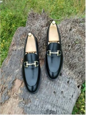 Handmade men formal black moccasin, dress leather office slip on shoes for mens