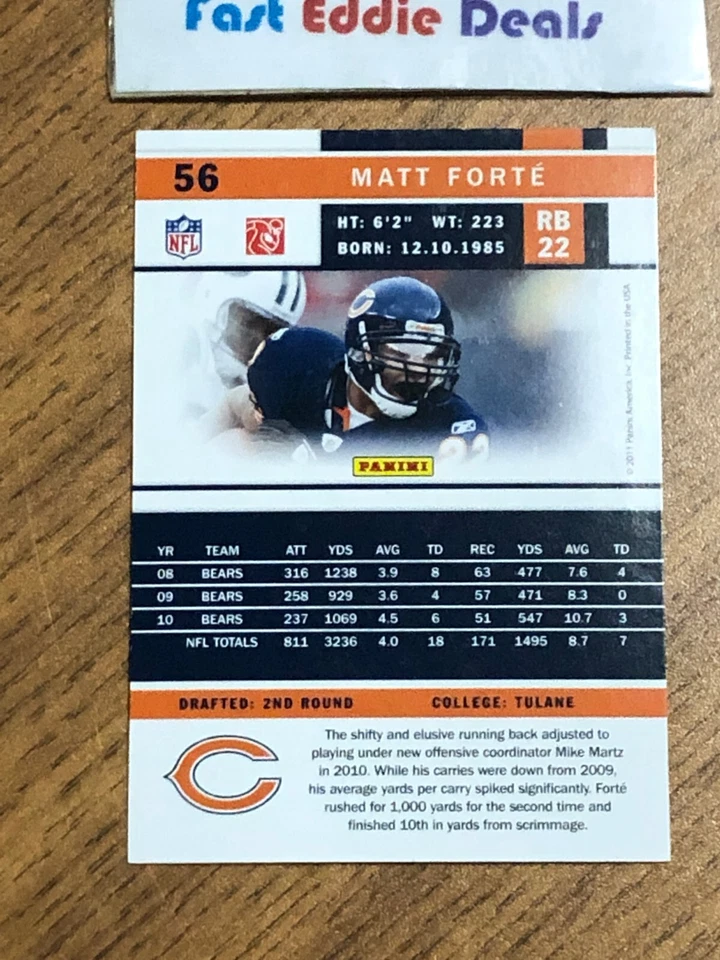 SCORE NFL FOOTBALL 2011 MATT FORTE CARD 56 CHICAGO BEARS EXCELLENT - Image 2 of 2