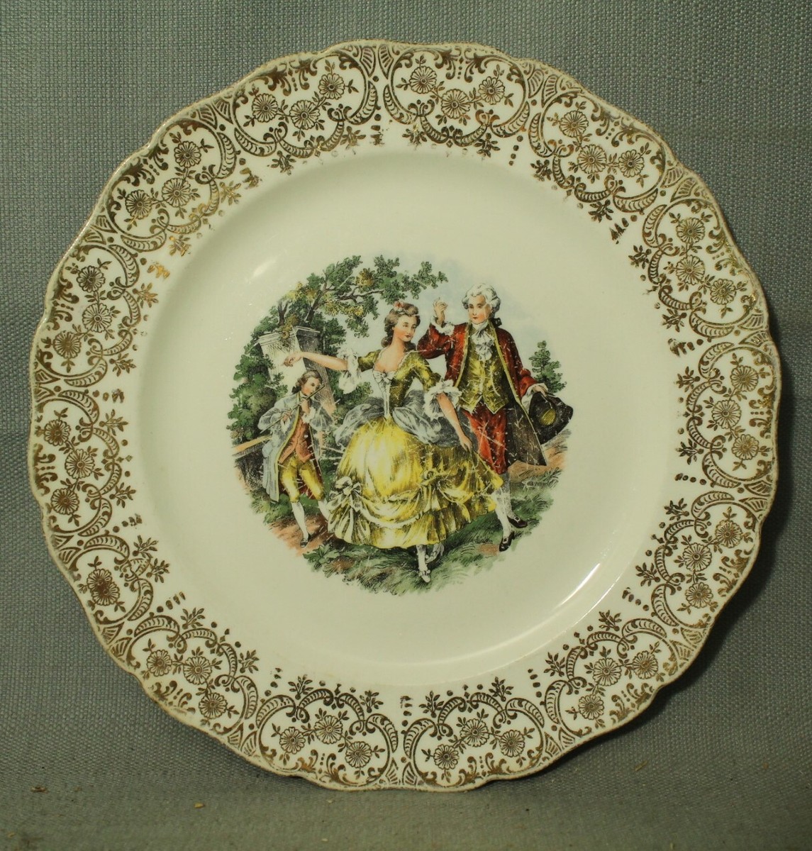 plates 22K gold Colonial couple man woman dancing flute player 9 1