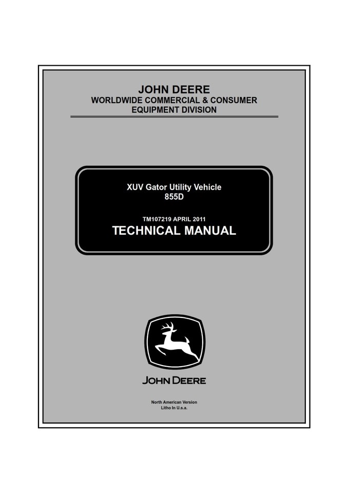 John Deere XUV Gator Utility Vehicle 855D Service Repair Manual BOOK