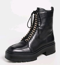 Sam Edelman Black Leather Gold Chain Chunky Lace Up Lovrin Ankle Boots Size 8M