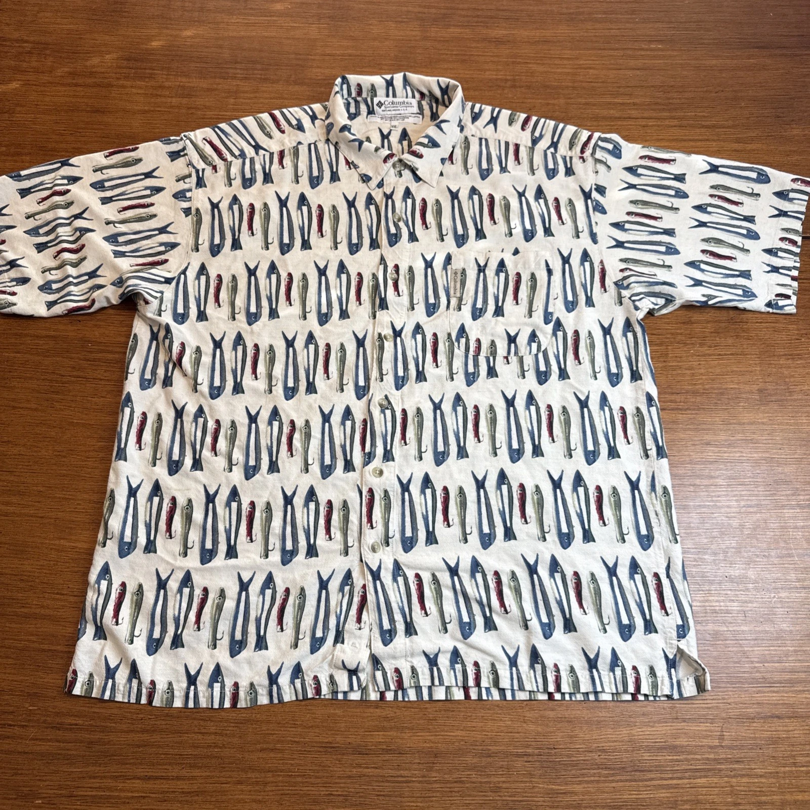 Columbia Mens XXL Short Sleeve Fish Pattern Linen Style Shirt