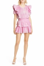 LoveShackFancy Pink Solid Smocked Ruffle Lace Mini Dress, Short Sleeve XS