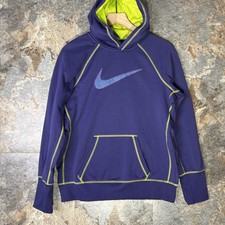 Nike Women's L Hoodie Sweatshirt Purple Green Swoosh Logo Athletic Therma Fit