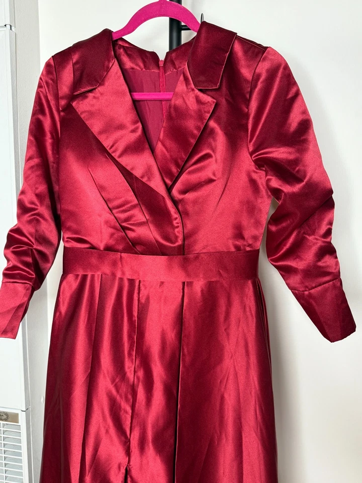 NUEVO VESTIDO LARGO VINTAGE AZUL MARINO con cuello satinado pesado, talla 8 Foto 4 de 4