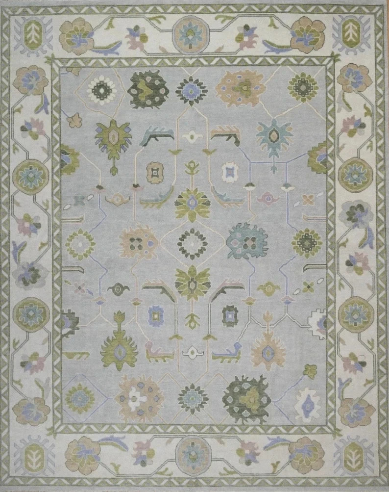 Hand Knotted Oushak Rug 8x10 Pastel Blue Turkish Wool Area Rug Muted Floral rug