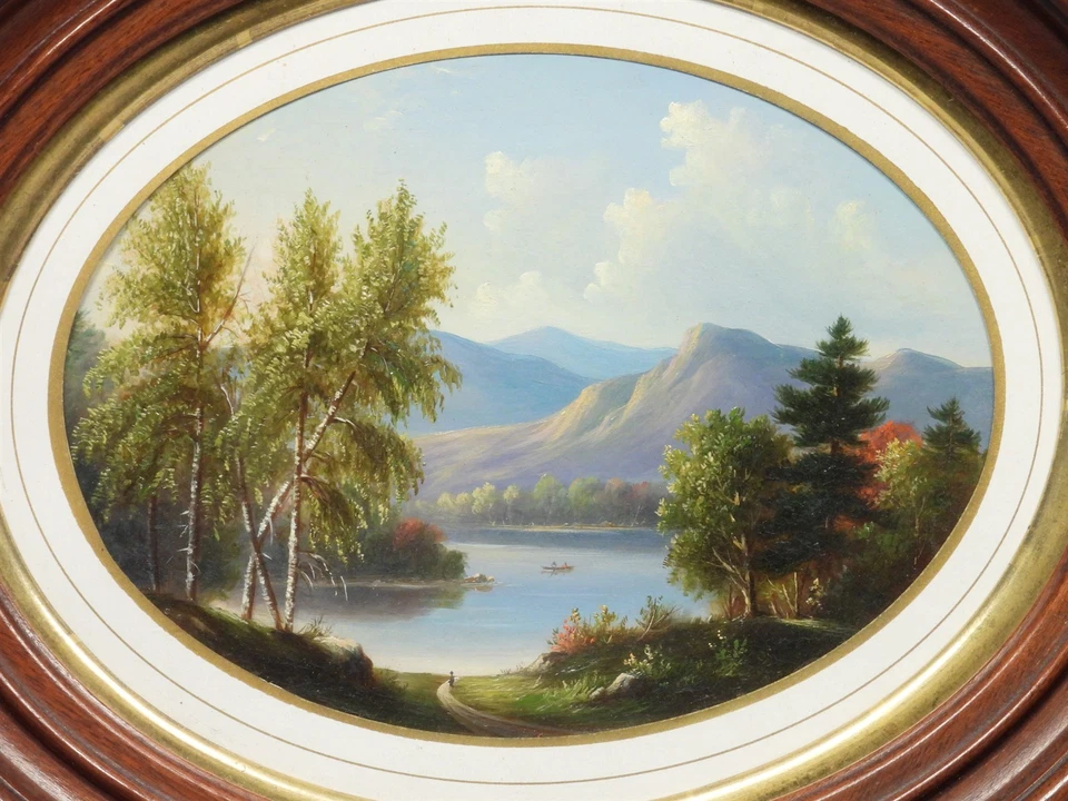 ÓTIMO! Pintura antiga de paisagem de lago montanha vale do rio Hudson C.1880 - Imagem 3 de 4