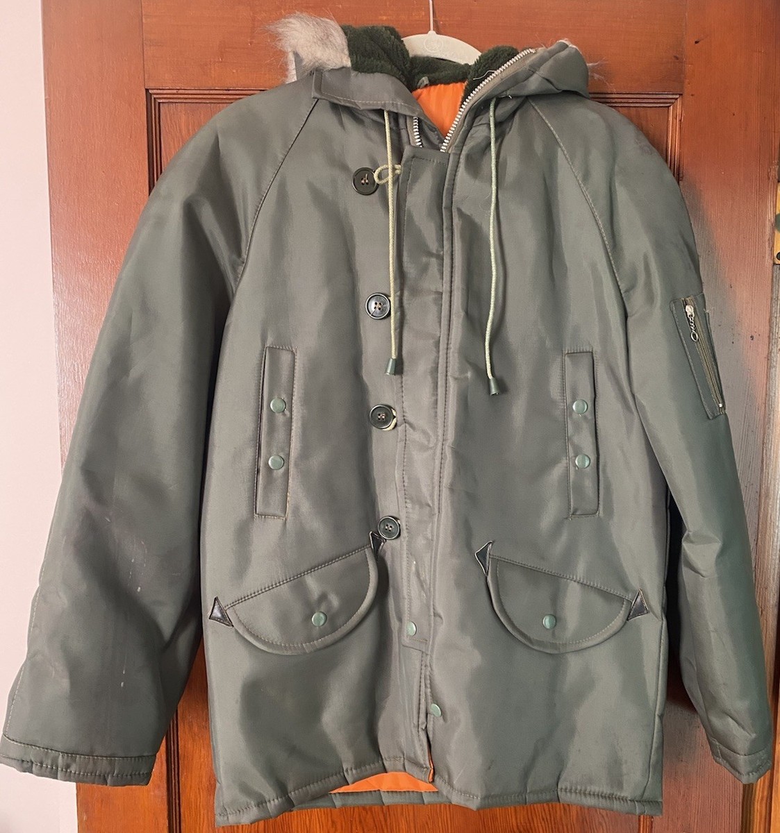 VTG 60s 70s Amerex Arctic Snorkel Fur Trim Parka Hooded Green Coat