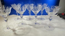 Tiffin-Franciscan Etched JUNE NIGHT 7 Clear Champagne/Tall Sherbet Glasses Stem