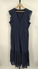 Quince Women Organic Textured Cotton Smocked V-Neck Midi Dress Navy L