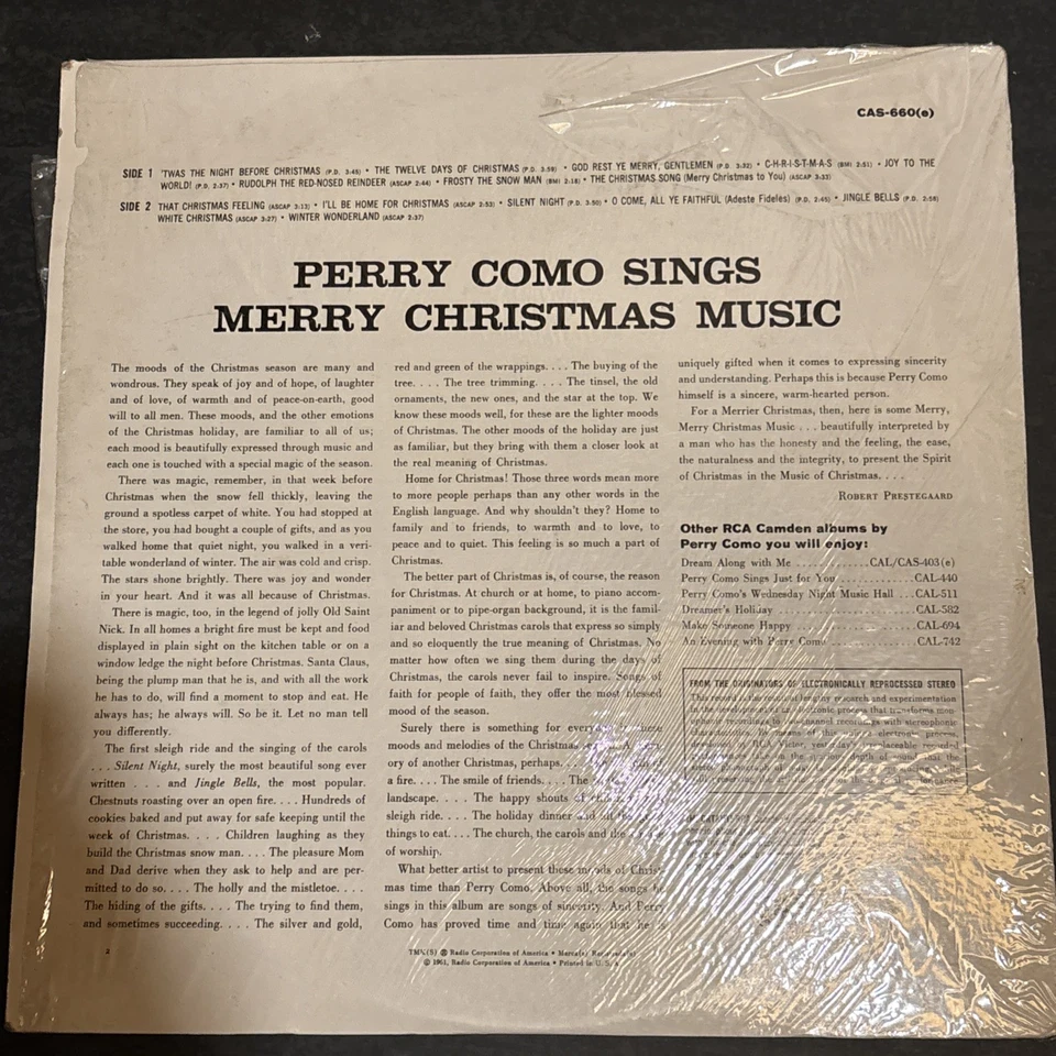 Perry Como Sings Merry Christmas Music Vinyl LP Shrink RCA Camden CAS660  - Image 2 of 4