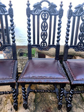 6 Gothic Jacobean style Leather dining chairs NEWLY UPHOLSTERED+POLISHED🆓Dv