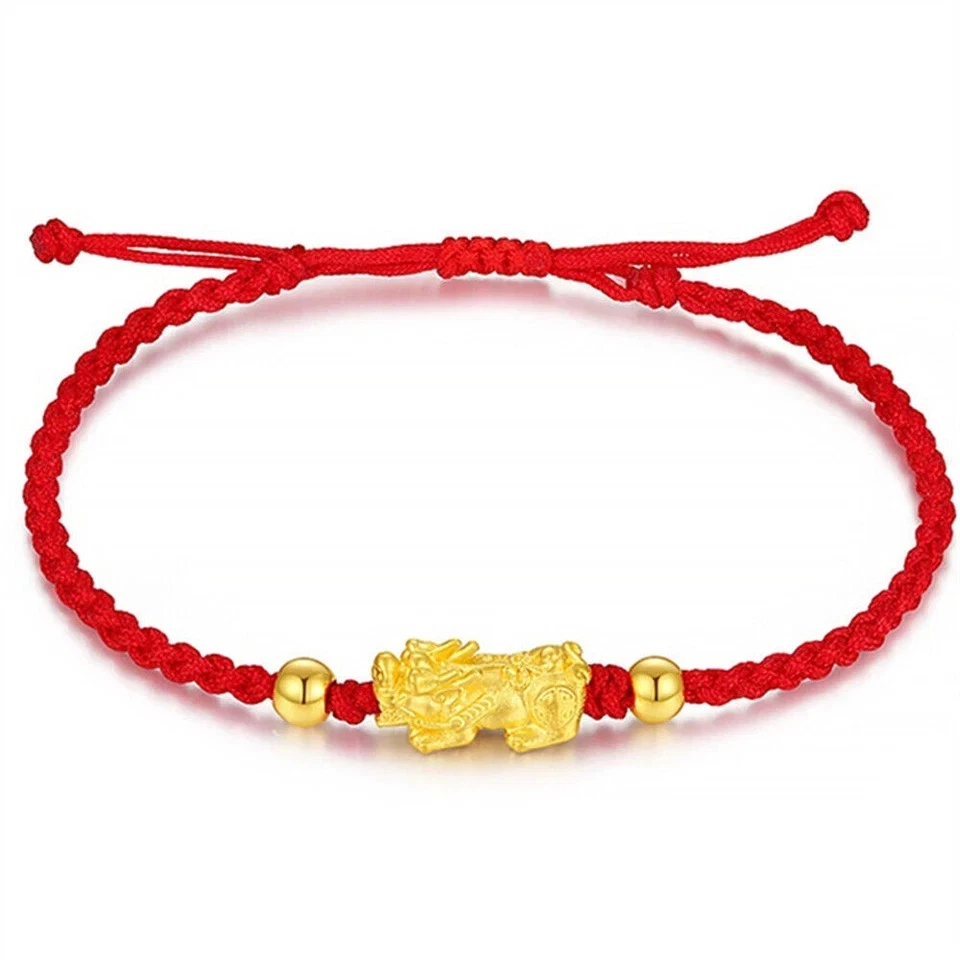 Brazalete de oro amarillo real de 24 quilates 3D Pixiu cuentas de oro rojo negro cuerda ajuste de 6,5 pulgadas Foto 4 de 4